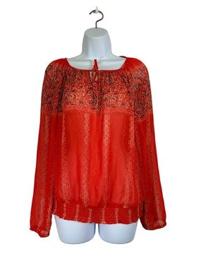 Lucky Brand Peasant Boho Blouse Red Sheer Paisley Print Smocked Top Medium